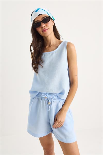 Kadın Kalın Askılı Bluz Beli Lastikli Cep Dataylı Şort Müslin Takım 3310 60283414 - Bebe Mavisi