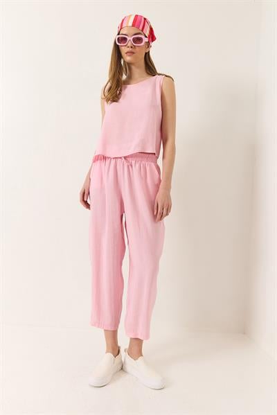 Kadın Kalın Askılı Bluz Beli Lastikli Pantolon Modal Takım 3089 60283231 - Toz Pembe