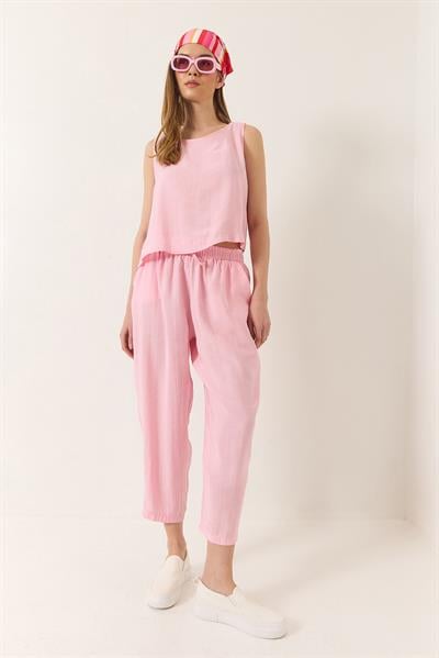 Kadın Kalın Askılı Bluz Beli Lastikli Pantolon Modal Takım 3089 60283231 - Toz Pembe