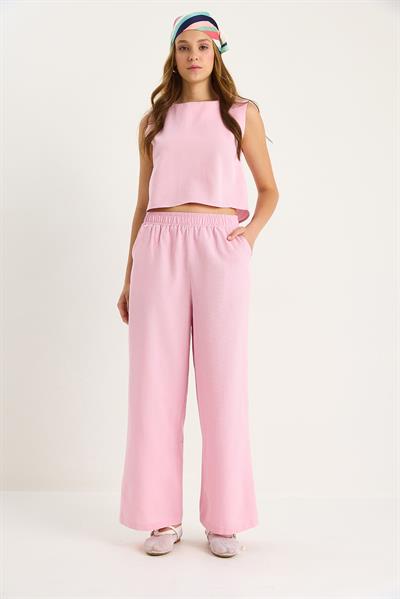 Kadın Kalın Askılı Bluz Beli Lastikli Cep Detaylı Bol Pantolonlu Keten Takım 9384 60281086 - Toz Pembe