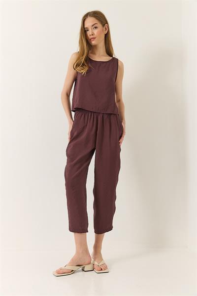 Kadın Kalın Askılı Bluz Beli Lastikli Pantolon Modal Takım 3089 60283231 - Patlıcan