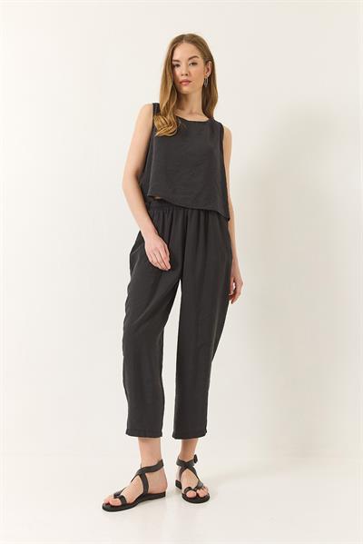 Kadın Kalın Askılı Bluz Beli Lastikli Pantolon Modal Takım 3089 60283231 - Siyah