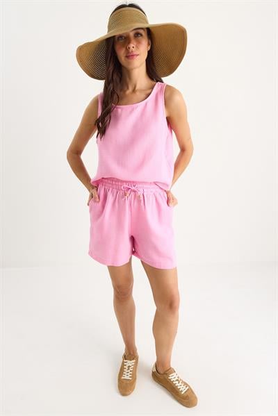 Kadın Kalın Askılı Bluz Beli Lastikli Cep Dataylı Şort Müslin Takım 3310 60283414 - Şeker Pembe