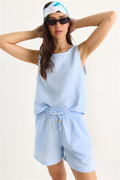 Kadın Kalın Askılı Bluz Beli Lastikli Cep Dataylı Şort Müslin Takım 3310 60283414 - Bebe Mavisi