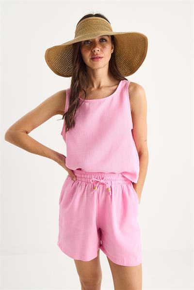 Kadın Kalın Askılı Bluz Beli Lastikli Cep Dataylı Şort Müslin Takım 3310 60283414 - Şeker Pembe