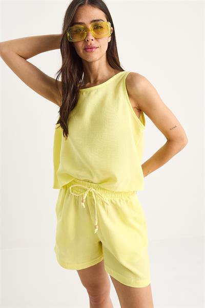 Kadın Kalın Askılı Bluz Beli Lastikli Cep Dataylı Şort Müslin Takım 3310 60283414 - Limon Sarısı