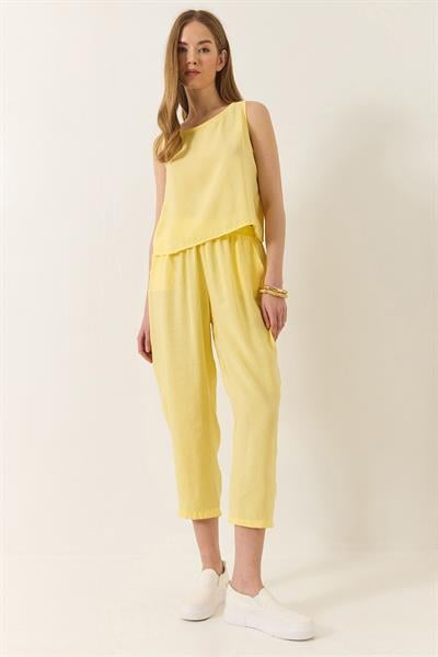 Kadın Kalın Askılı Bluz Beli Lastikli Pantolon Modal Takım 3089 60283231 - Limon Sarısı