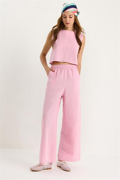 Kadın Kalın Askılı Bluz Beli Lastikli Cep Detaylı Bol Pantolonlu Keten Takım 9384 60281086 - Toz Pembe