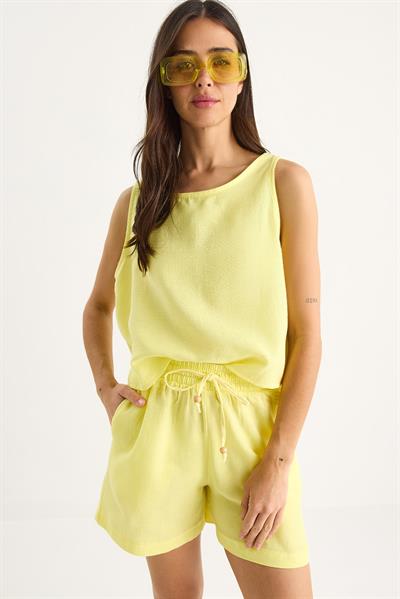 Kadın Kalın Askılı Bluz Beli Lastikli Cep Dataylı Şort Müslin Takım 3310 60283414 - Limon Sarısı