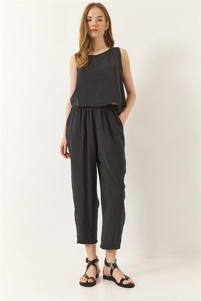 Kadın Kalın Askılı Bluz Beli Lastikli Pantolon Modal Takım 3089 60283231 - Siyah