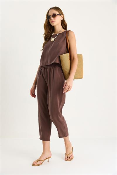 Kadın Kalın Askılı Bluz Beli Lastikli Pantolon Modal Takım 3089 60283231 - Cappuccino