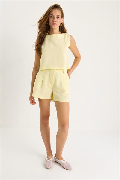 Kadın Kalın Askılı Bluz Yüksek Bel Cep Detaylı Şort Keten Takım 9307 60281085 - Tereyağ