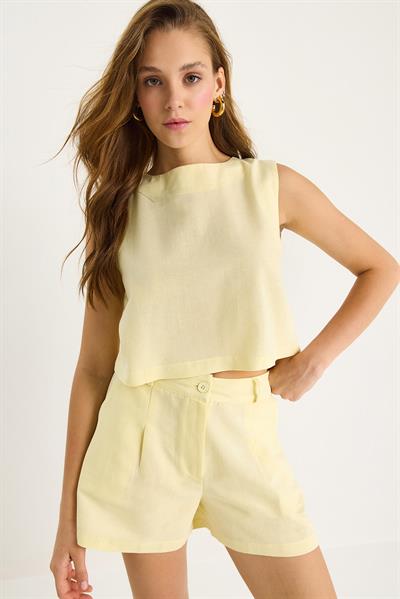 Kadın Kalın Askılı Bluz Yüksek Bel Cep Detaylı Şort Keten Takım 9307 60281085 - Tereyağ