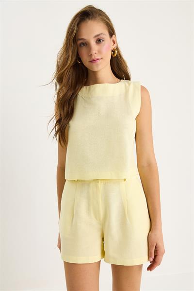 Kadın Kalın Askılı Bluz Yüksek Bel Cep Detaylı Şort Keten Takım 9307 60281085 - Tereyağ