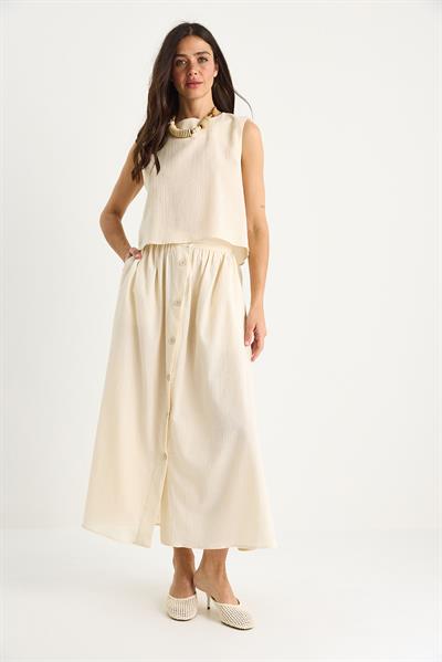 Kadın Kalın Askılı Kısa Bluzlu Düğme Detaylı Kloş Uzun Etekli Keten Alt-Üst Takım 9322 60281055 - Bej