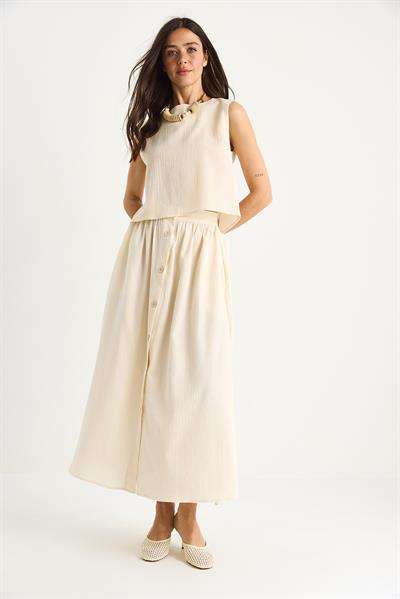 Kadın Kalın Askılı Kısa Bluzlu Düğme Detaylı Kloş Uzun Etekli Keten Alt-Üst Takım 9322 60281055 - Bej