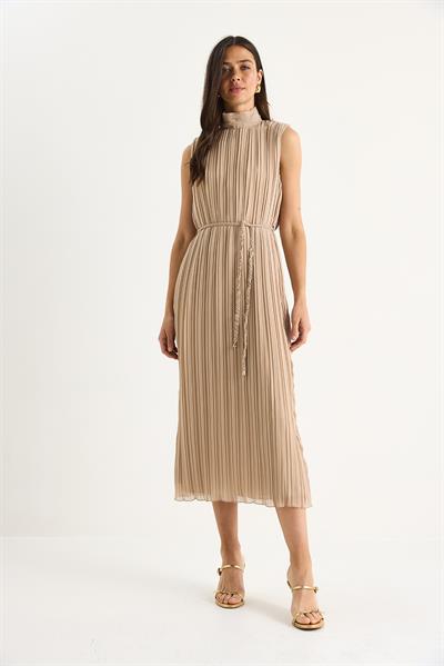 Kadın Kalın Askılı Örgü Kemerli Astarlı Midi Pilise Elbise FE-118 60283435 - Bej