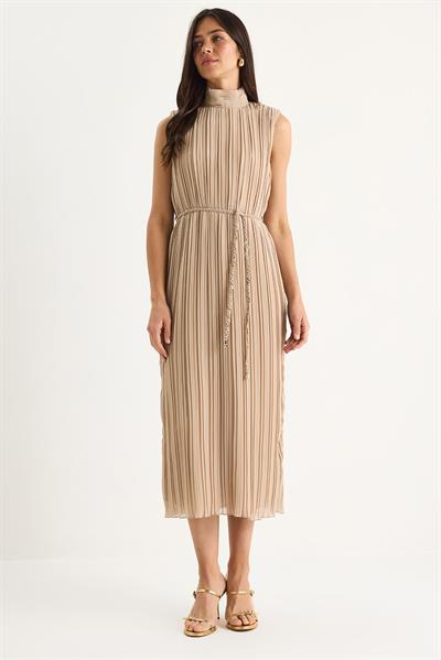 Kadın Kalın Askılı Örgü Kemerli Astarlı Midi Pilise Elbise FE-118 60283435 - Bej