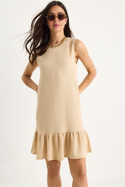 Kadın Kalın Askılı Rahat Kesim Volanlı Bürümcük Elbise 60283373 - Bej