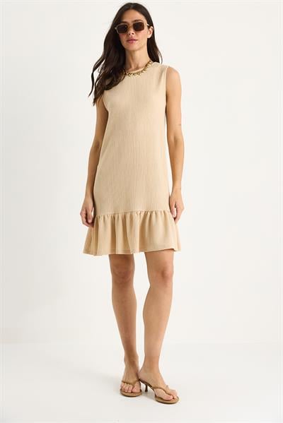 Kadın Kalın Askılı Rahat Kesim Volanlı Bürümcük Elbise 60283373 - Bej