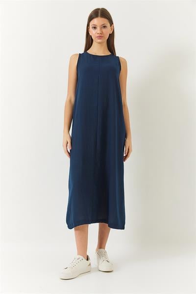 Kadın Kalın Askılı Sırt Düğme Detaylı Yazlık Keten Elbise 353 60261430 - Lacivert