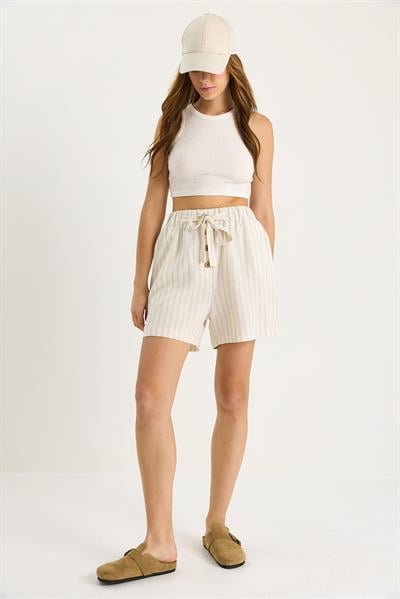 Kadın Kalın Çizgili Beli Lastikli Düğme ve İp Aksesuarlı Keten Şort 2536 60281091 - Bej