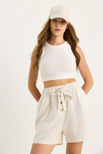 Kadın Kalın Çizgili Beli Lastikli Düğme ve İp Aksesuarlı Keten Şort 2536 60281091 - Bej