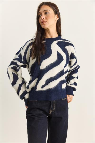 Kadın Kalın Zebra Desenli Bisiklet Yaka Şardonlu Triko Kazak 60285006 - Lacivert-Ekru