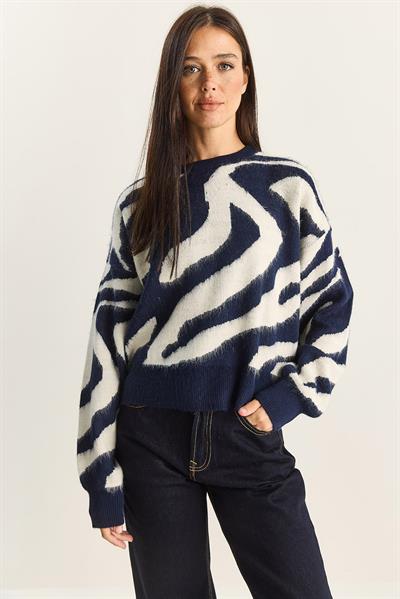 Kadın Kalın Zebra Desenli Bisiklet Yaka Şardonlu Triko Kazak 60285006 - Lacivert-Ekru