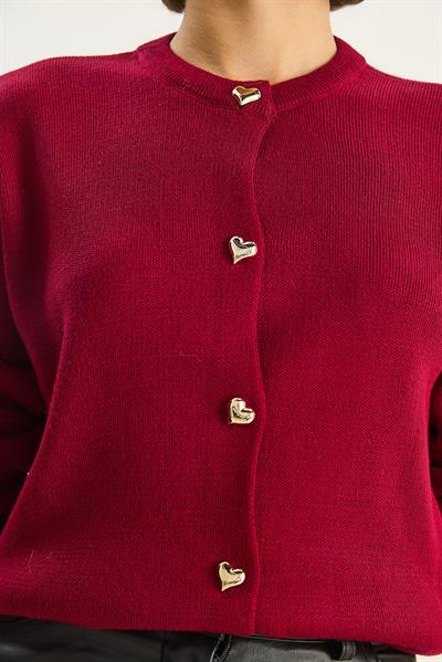 Kadın Kalp Düğmeli Bisiklet Yaka Triko Hırka 60283628 - Kırmızı