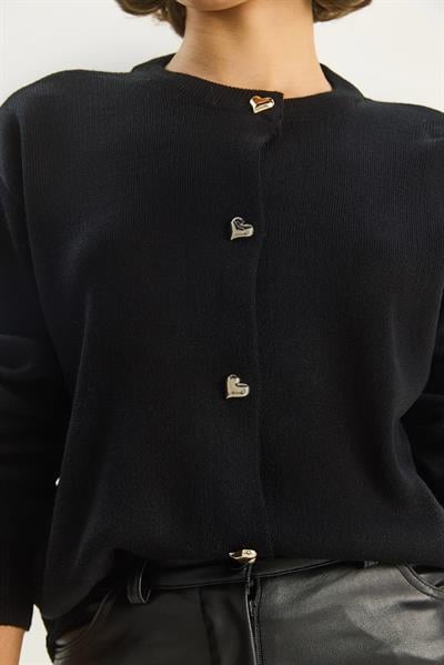 Kadın Kalp Düğmeli Bisiklet Yaka Triko Hırka 60283628 - Siyah