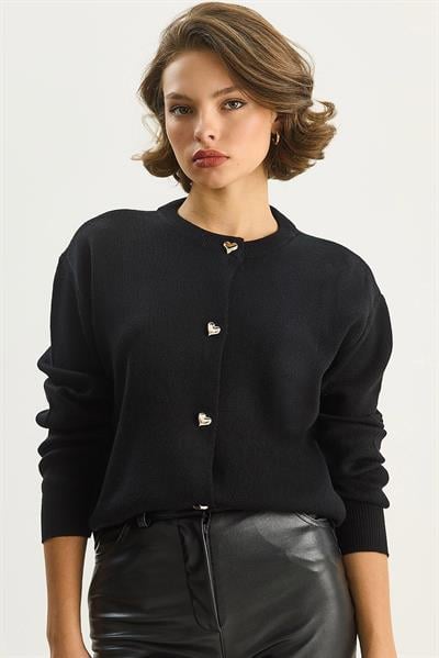 Kadın Kalp Düğmeli Bisiklet Yaka Triko Hırka 60283628 - Siyah