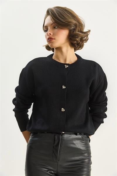 Kadın Kalp Düğmeli Bisiklet Yaka Triko Hırka 60283628 - Siyah