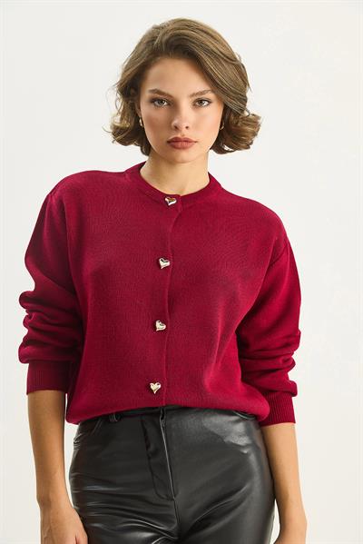 Kadın Kalp Düğmeli Bisiklet Yaka Triko Hırka 60283628 - Kırmızı