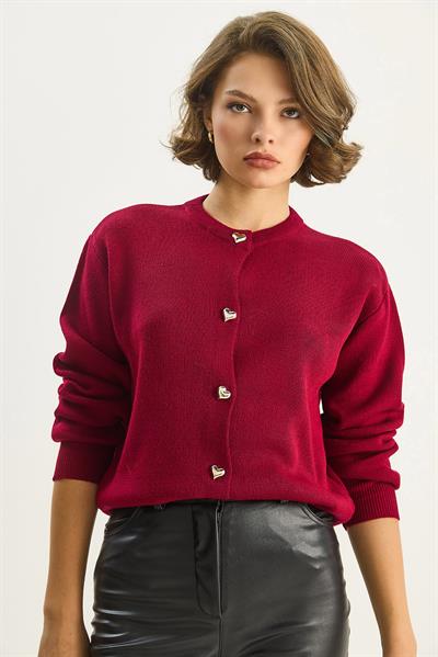 Kadın Kalp Düğmeli Bisiklet Yaka Triko Hırka 60283628 - Kırmızı