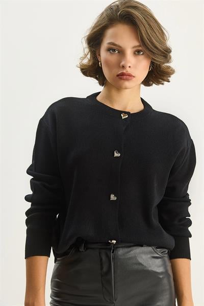 Kadın Kalp Düğmeli Bisiklet Yaka Triko Hırka 60283628 - Siyah