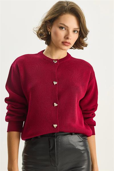 Kadın Kalp Düğmeli Bisiklet Yaka Triko Hırka 60283628 - Kırmızı