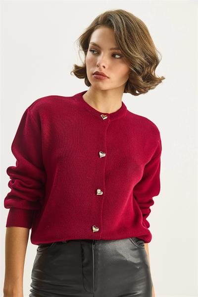 Kadın Kalp Düğmeli Bisiklet Yaka Triko Hırka 60283628 - Kırmızı