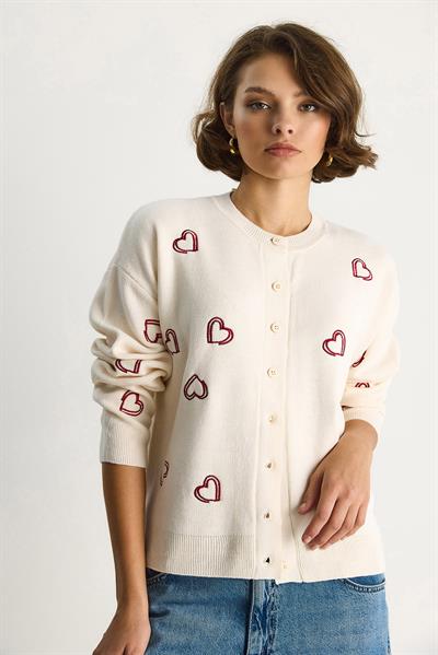 Kadın Kalp Nakışlı Bisiklet Yaka Triko Hırka TH251036 60283547 - Krem