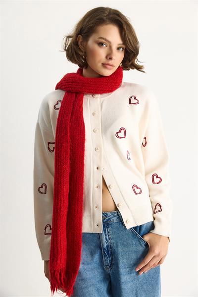 Kadın Kalp Nakışlı Bisiklet Yaka Triko Hırka TH251036 60283547 - Krem