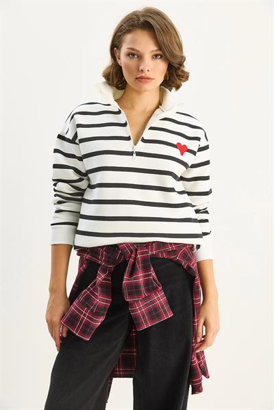 Kadın Kalp Nakışlı Dik Yaka Yarım Fermuarlı Çizgili Sweatshirt 6089 60283714 - Beyaz-Siyah