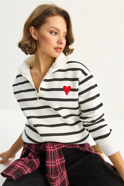 Kadın Kalp Nakışlı Dik Yaka Yarım Fermuarlı Çizgili Sweatshirt 6089 60283714 - Beyaz-Siyah