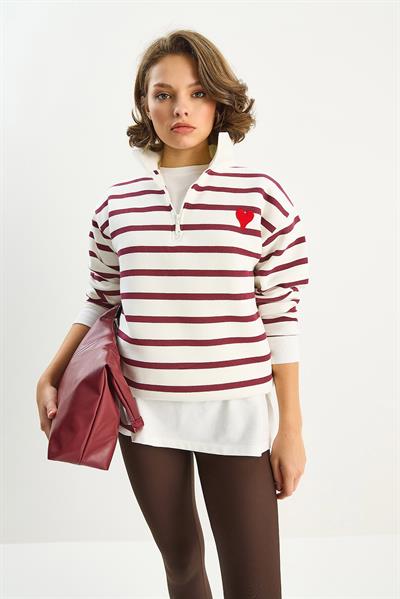 Kadın Kalp Nakışlı Dik Yaka Yarım Fermuarlı Çizgili Sweatshirt 6089 60283714 - Beyaz-Bordo