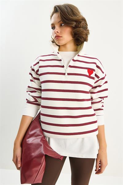 Kadın Kalp Nakışlı Dik Yaka Yarım Fermuarlı Çizgili Sweatshirt 6089 60283714 - Beyaz-Bordo