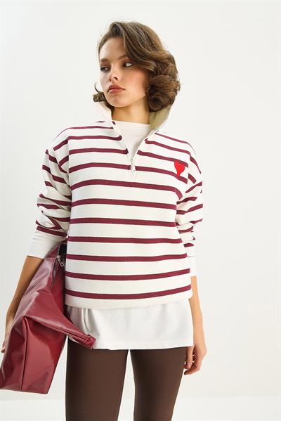 Kadın Kalp Nakışlı Dik Yaka Yarım Fermuarlı Çizgili Sweatshirt 6089 60283714 - Beyaz-Bordo
