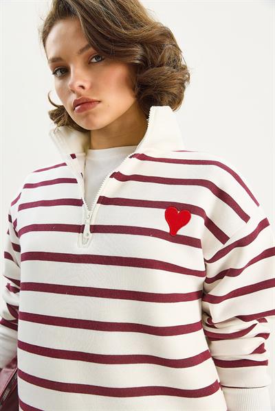 Kadın Kalp Nakışlı Dik Yaka Yarım Fermuarlı Çizgili Sweatshirt 6089 60283714 - Beyaz-Bordo