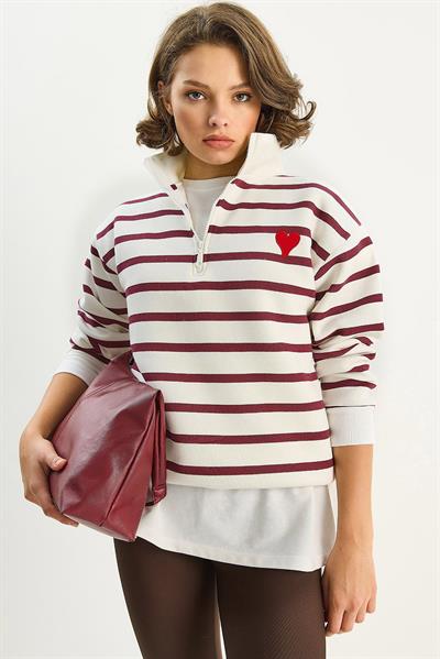 Kadın Kalp Nakışlı Dik Yaka Yarım Fermuarlı Çizgili Sweatshirt 6089 60283714 - Beyaz-Bordo