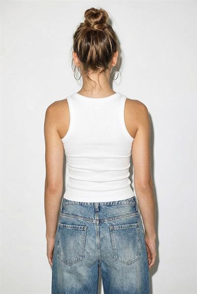 Kadın Kalp Nakışlı Kolsuz Penye Fitilli T-Shirt 60261486 - Beyaz