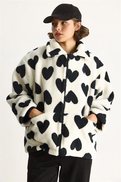 Kadın Kalpli Dik Yaka Cep Detaylı Astarlı Oversize Peluş Mont 25346 60283526 - Ekru-Siyah