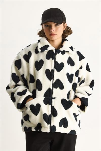 Kadın Kalpli Dik Yaka Cep Detaylı Astarlı Oversize Peluş Mont 25346 60283526 - Ekru-Siyah